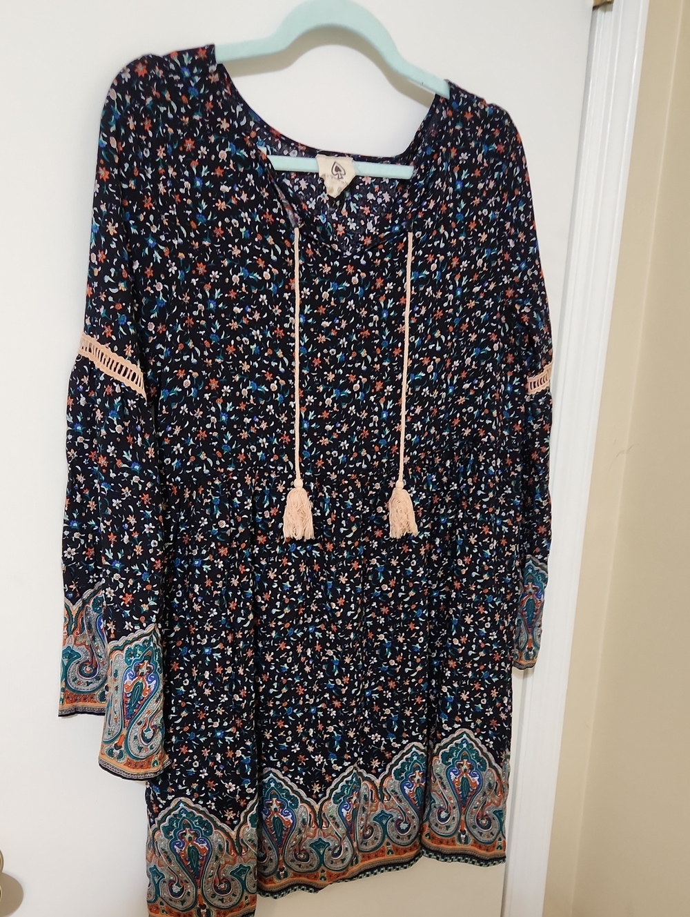 Spade And Heart Boho Navy Floral Long Sleeve Tassel Dress